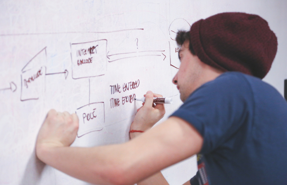 A man writing on a whiteboard